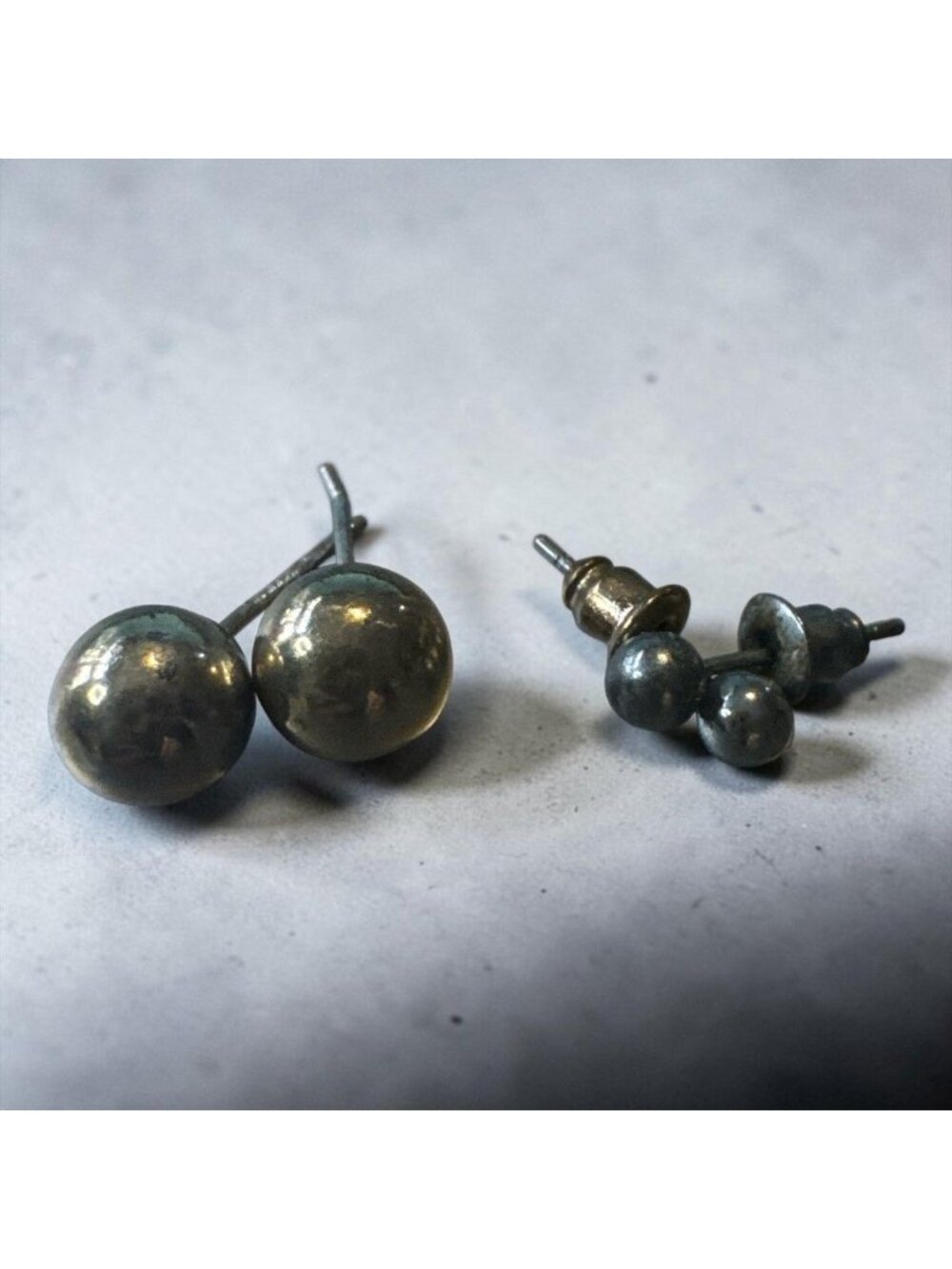 Set Of Vintage Brass & Silver-Tone Ball Stud Earrings Classic Minimalist Jewelry